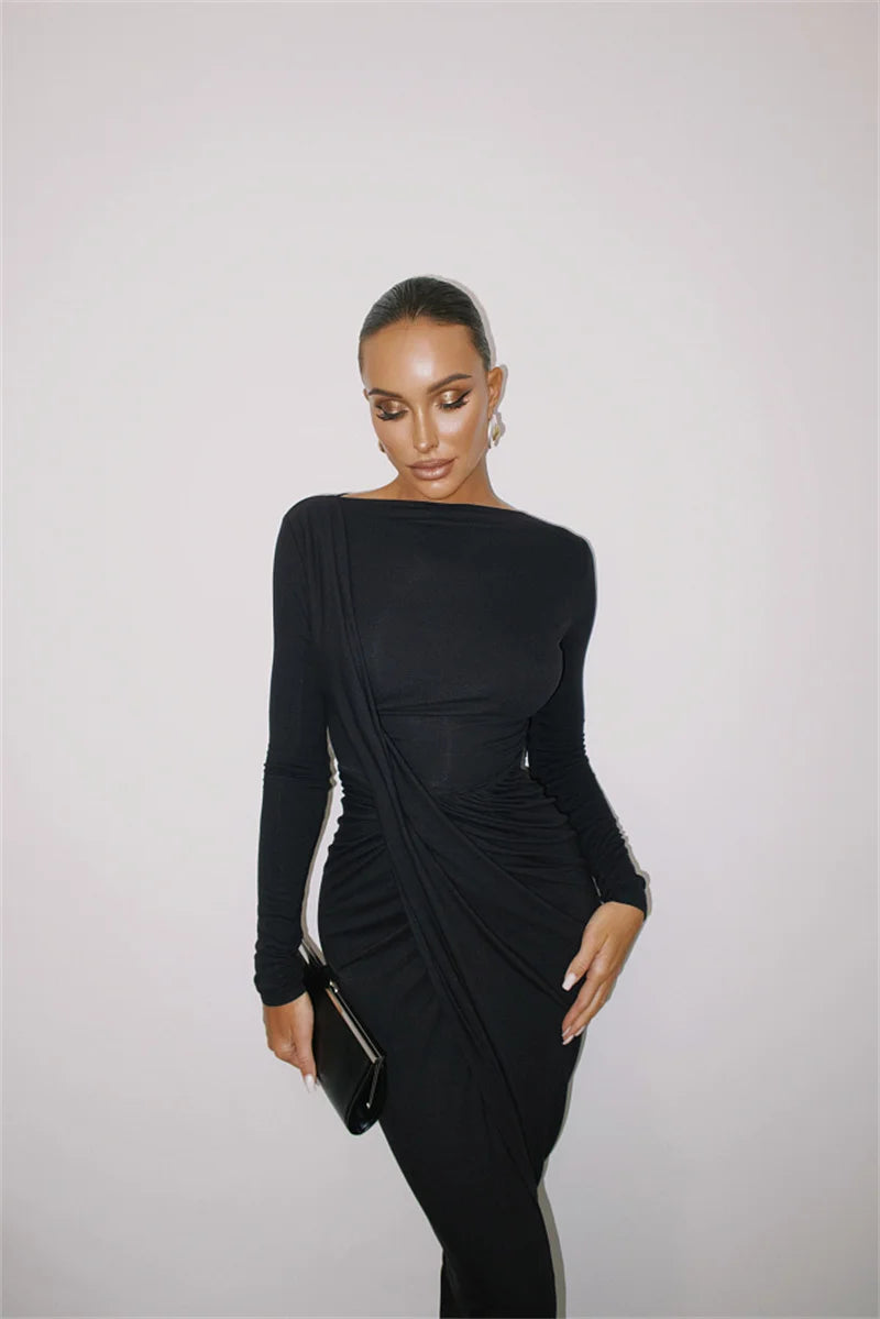 Mozision Long Sleeve Thigh High Split Sexy Maxi Dress Women Gown Elegant O Neck Draped Ruched Bodycon Club Party Long Dresses