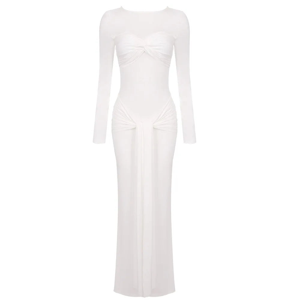 Sexy Elegant Party Dress Women White Long Sleeve Pleated Midi Dress for Evening Dinner Club