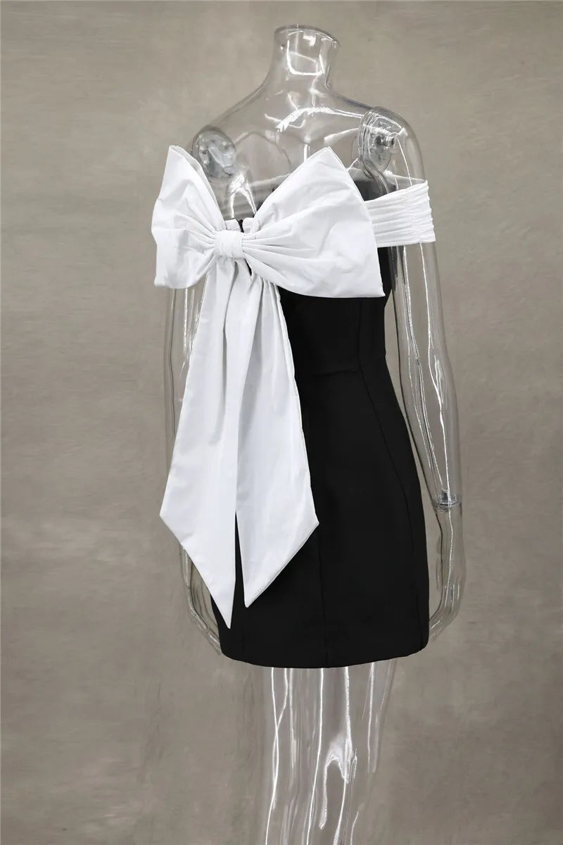 Mozision Bow Backless Sexy Mini Dress For Women Robe Elegant Off-shoulder Strapless Sleeveless A-line Club Sexy Dress Vestido