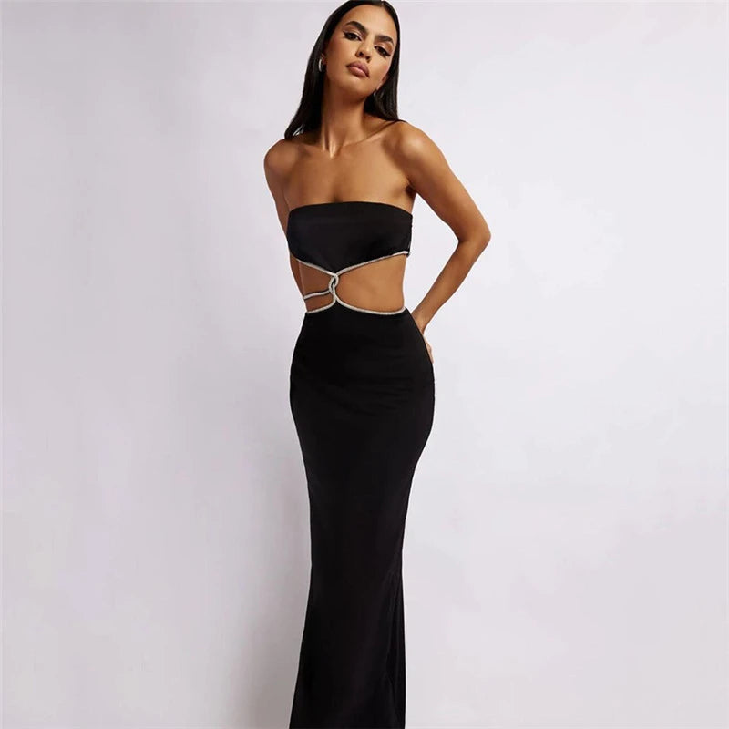 Elegant Female Midnight Prom Maxi Dresses Women Sexy Solid Cutouts Open Waist Open Back Slim Dresses Sleeveless Vestidos