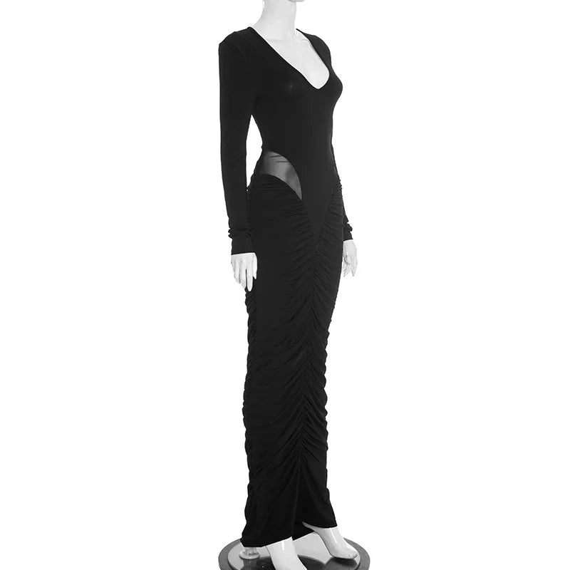 Blifanbo Elegan Deep V Neck Bodycon Maxi Dress Women High Waist Pleated Long Sleeve Solid Patchwork Club Party Long Dress Autumn