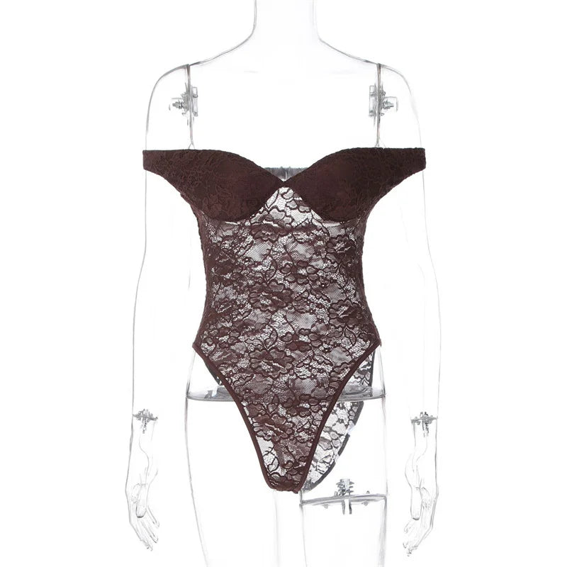 Mozision Lace See Through Sexy Two Piece Set Women Elegant Off-shoulder Backless Bodysuit And Maxi Skirt Matching Club Dress Set