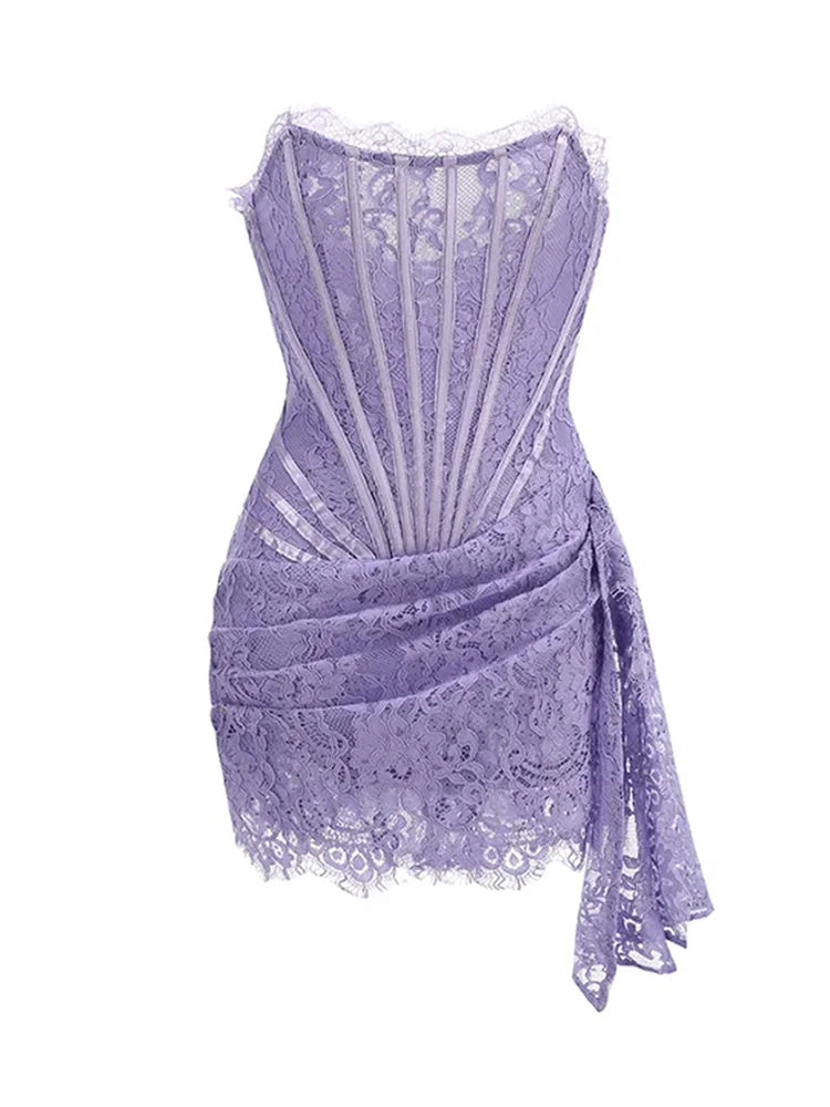 TARUXY Sexy Lace See-through Patchwork Corset Dress Female Bodycon Elegant Party MIrrgualr Mini Dress Women Tube Top Dress New