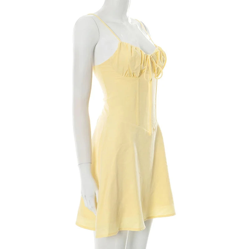 Mozision Spaghetti Strap Lace-up Sexy Mini Dress Women Elegant Off-shoulder Sleeveless Backless High Waist A-line Club Dress