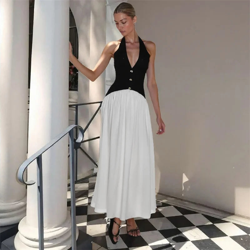 Mozision Halter V Neck Backless Sexy Maxi Dress Women Fashion Patchwork Button Sleeveless High Waist Ruched Club Party Dress