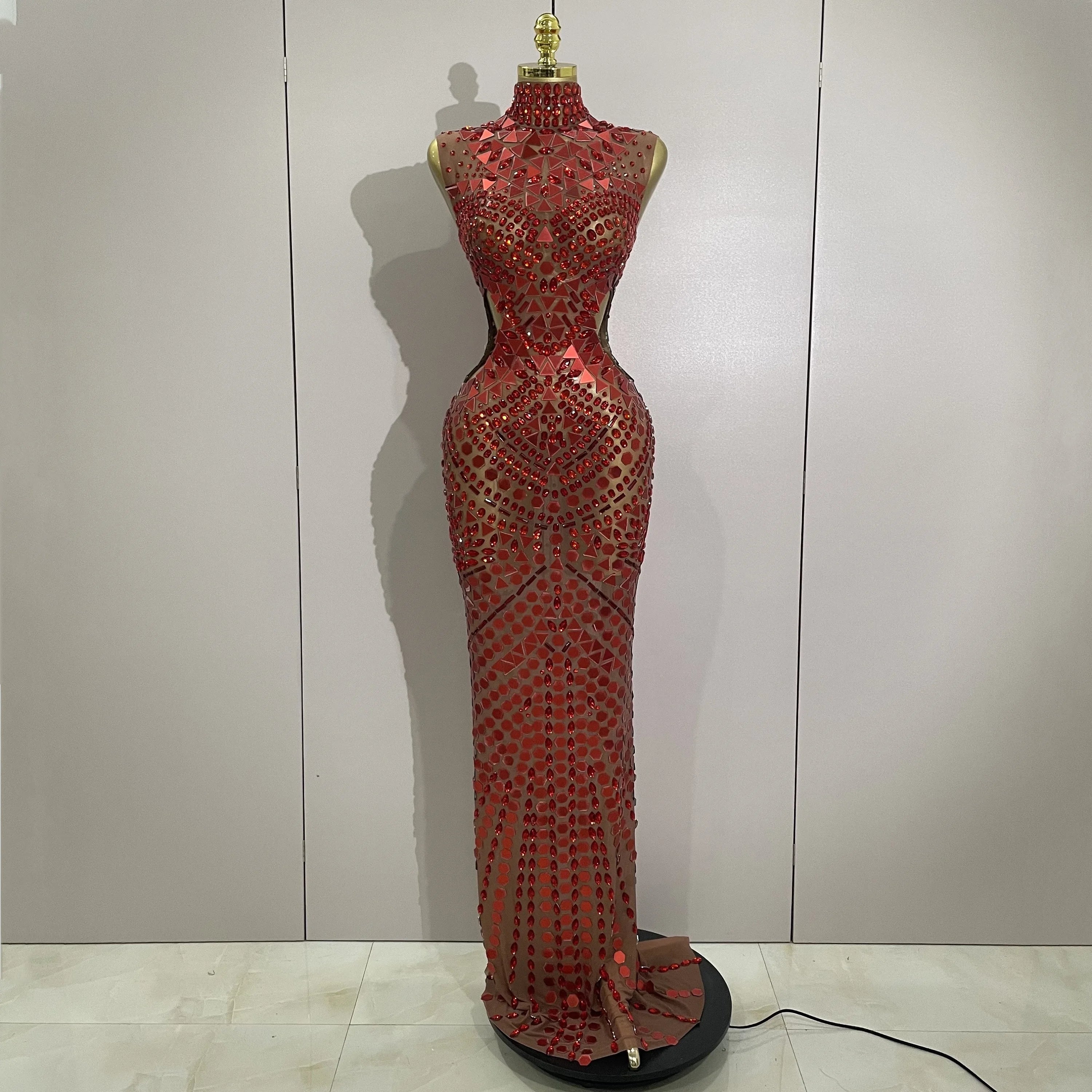 Luxury Shiny Mirror Rhinestones Hollowed-out Long Dress 2025Women Celebrity Evening Party Catwalk Prom Stage Photo Shoot Dresses