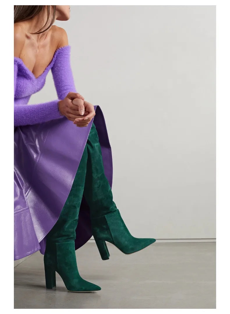 Ladies' Autumn and Winter Suede Thick High-heeled Oversized Knee High Boots, European and American Sexy Versatile Sleeve Boots