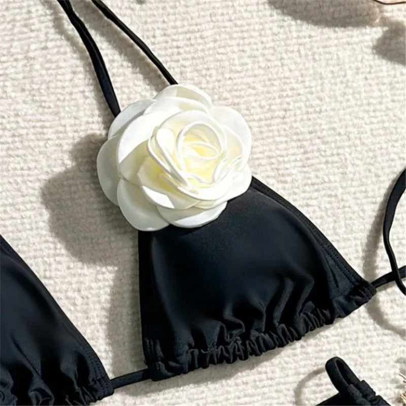 Sexy 3D Flower Black Triangle Bikinis Sets Micro Thong Swimsuit Women String Halter Bathing Suit Bikini 2025 Mujer Biquinis Swim