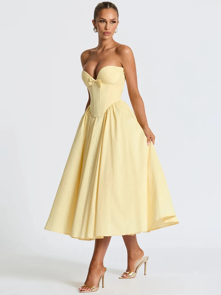 Mozision Off-shoulder Strapless Sexy Midi Dress Women Elegant Fashion Bow Sleeveless Backless High Waist A-line Club Party Dress