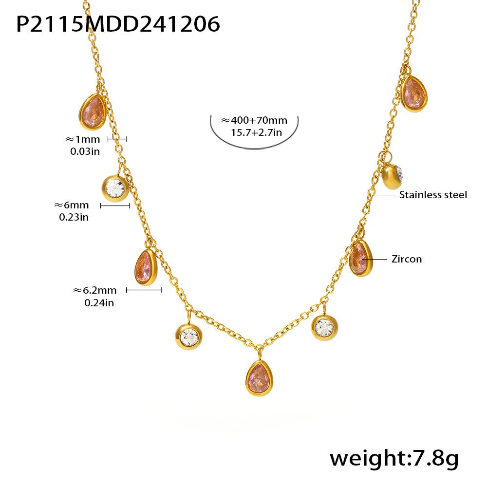 Beautiful Necklace for Women Red Green Zircon Tassel Stainless Steel Waterproof O Chain Gold Plated Charm Jewelry Gift