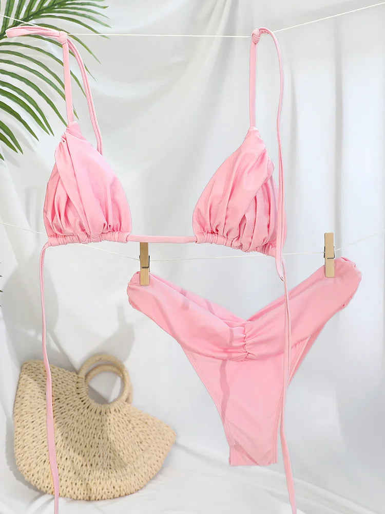 Triangle Bikinis Sexy Swimsuit Women Bandage Swimwear 2025 Bikini Set Solid Color Beachwear Two Piece Suit Female Swimsuits