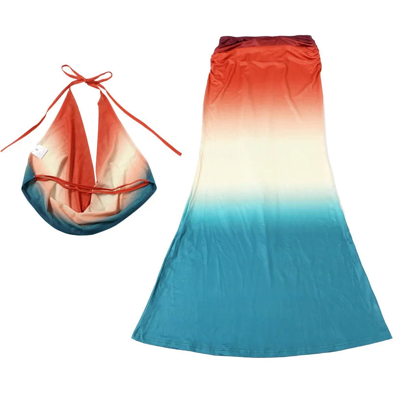 Mozision Print Sexy Mesh Halter Skirt 2 Pieces Sets For Women Off-shoulder Sleeveless Backless Tops And Skirt Two Pieces Sets