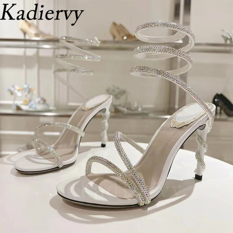 Luxury High Heels Sandals Woman Rhinestone Snake Twine Around Ankle Strap Wedding Shoes Stiletto Summer Gladiator Sandals Women