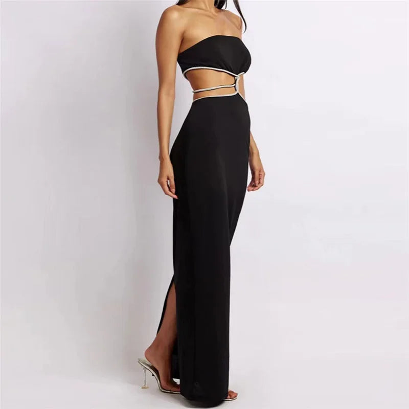 Elegant Female Midnight Prom Maxi Dresses Women Sexy Solid Cutouts Open Waist Open Back Slim Dresses Sleeveless Vestidos