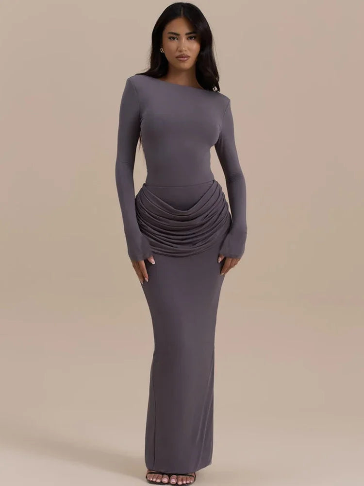 Long Sleeve Ruched Sexy Maxi Dress For Women Gown Autumn Winter New O Neck High Waist Bodycon Club Party Long Dresses