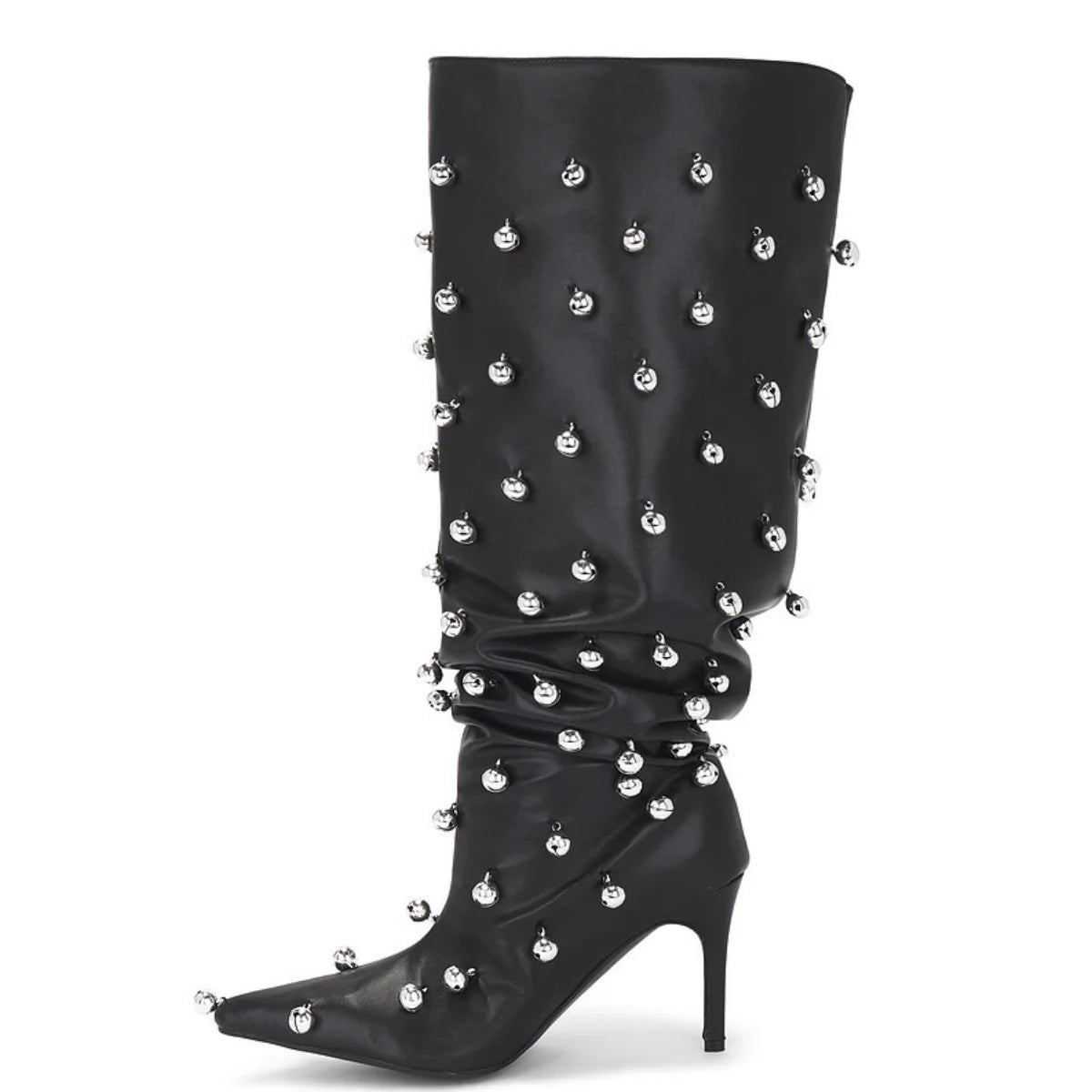 European Niche Design, High-quality Slim High Heels, Wide Knee Boots, Women's Fashionable and Sexy Studded Pleated Sleeve Boots