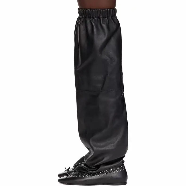 2025 Early Autumn New European and American Fashion Show Niche Fashion Slimming Wide Tube Height Increasing Pleated Pile Boots