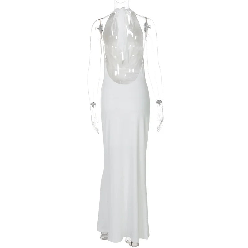 Mozision Deep V-neck Lace-up Sexy Maxi Dress For Women Elegant Off-shoulder Sleeveless Halter Fashion Backless Club Party Dress