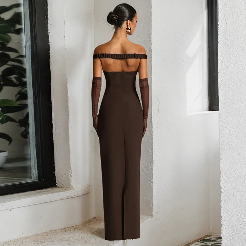 Blifanbo Sexy Elegant Ribbon Maxi Dress For Women Strapless Off-shoulder Sleeveless Backless Fashion Patchwork Party Long Dress