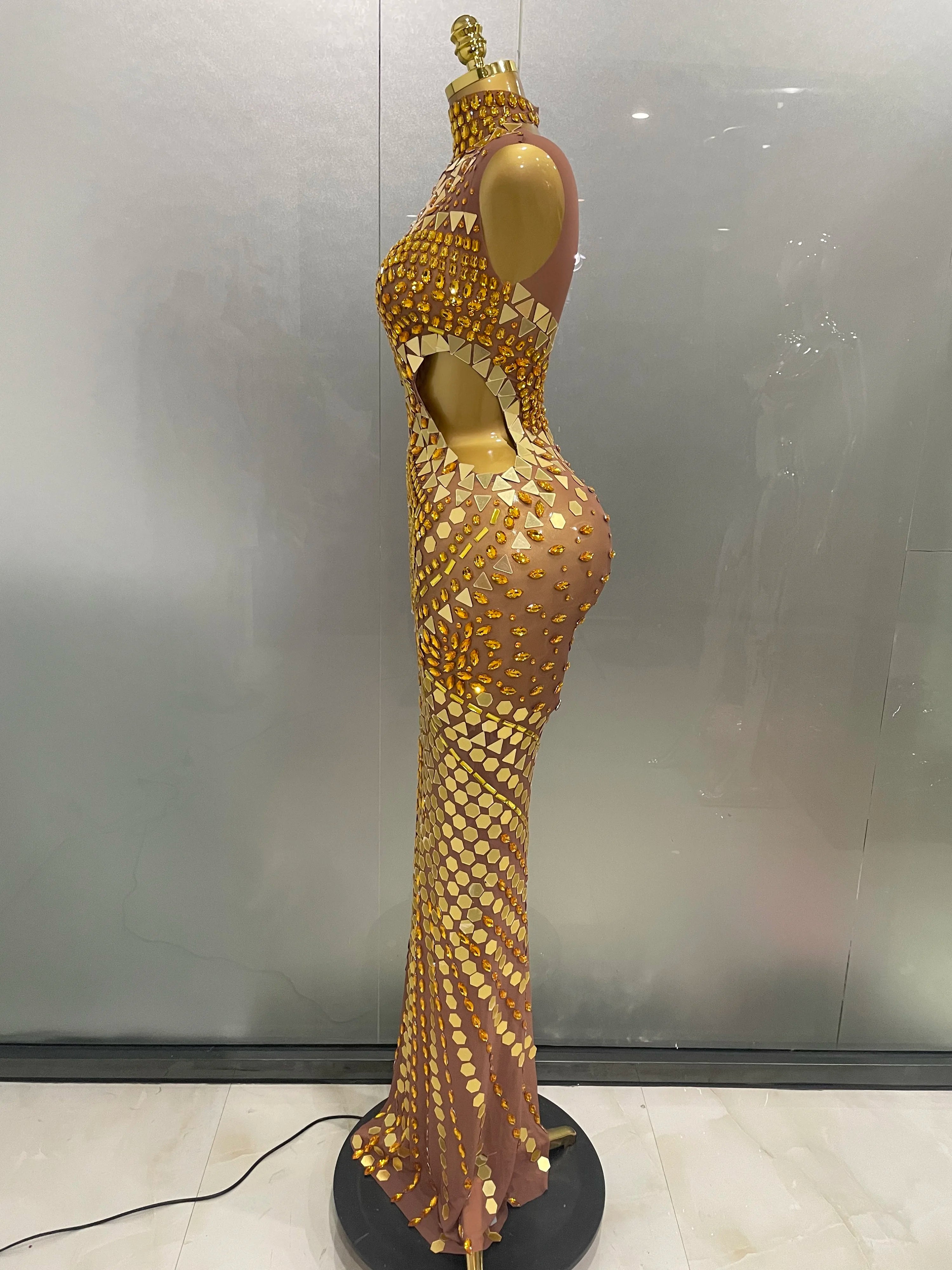 Luxury Shiny Mirror Rhinestones Hollowed-out Long Dress 2025Women Celebrity Evening Party Catwalk Prom Stage Photo Shoot Dresses