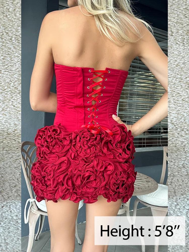Mingmingxi Winter Strapless Sexy Cocktail Dress 2024 New Year Party Dresses Women 2024 Luxury Red Mini Lace Up Elegant Dress