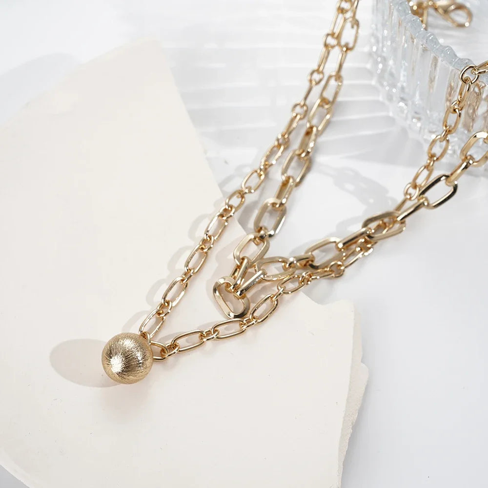 Fish Necklace for Women, Bohemian Fashion, Ethnic Hawaiian Beach Jewelry with Round Ball Pendant, Double Gold Chain