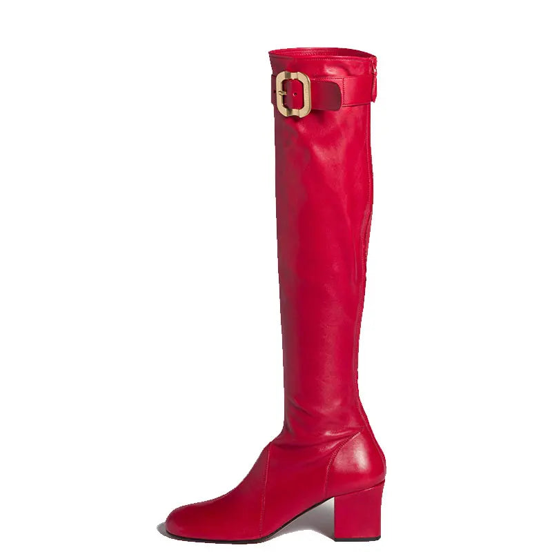 European and American Sexy Hot Girl Belt Buckle Thick High Heels Round Toe Back Zipper Knee Highboots Women's Retro Elasticshoes