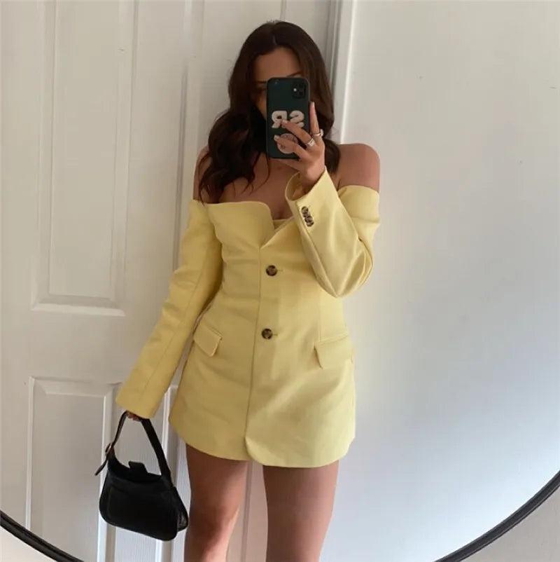Mozision Off-shoulder Strapless Sexy Blazer Dress For Women Fashion Solid Zipper Two Pocket Long Sleeve Backless Mini Dress