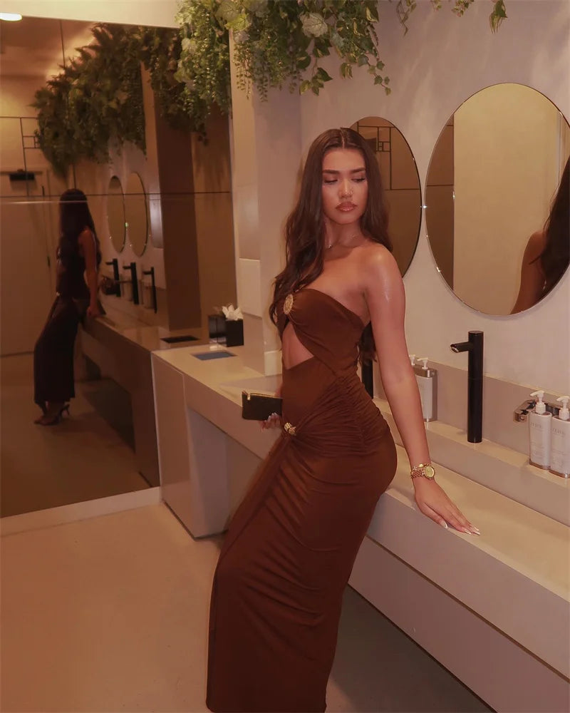 Mozision Hollow Out Backless Sexy Maxi Dress Women Gown Summer New Off-shoulder Strapless Sleeveless Ruched Club Long Dress