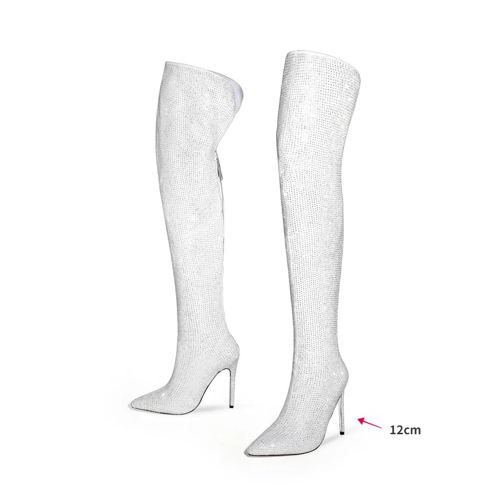 High quality European and American knee length rhinestone pile boots for women's sexy slim high heeled pointed runway boots