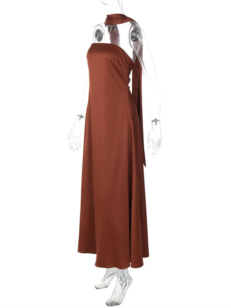 Mozision Off-shoulder Strapless Sexy Maxi Dress Women Gown Elegant Scarf Collar Sleeveless Backless Bodycon Club Party Dress