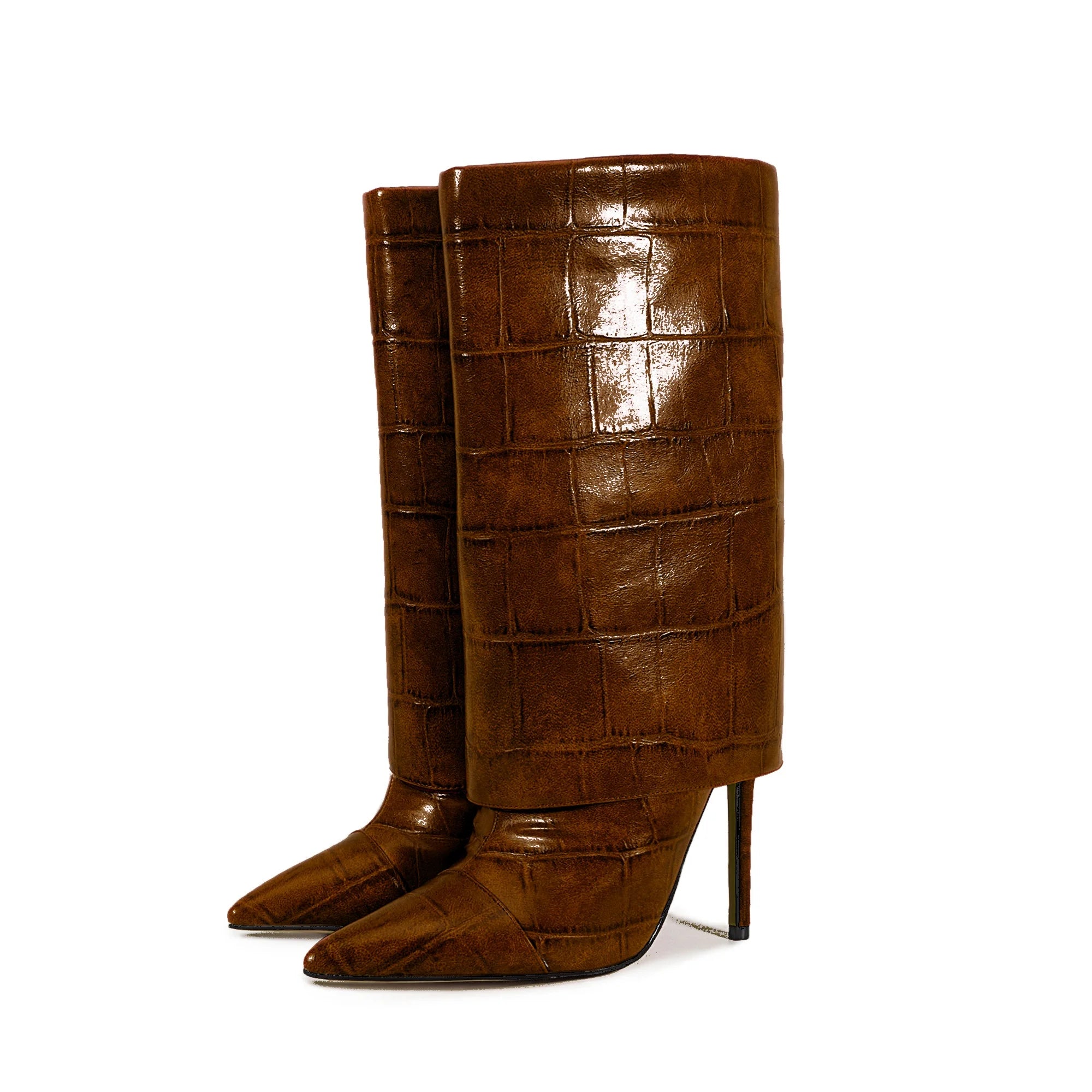 European and American Style High-heeled Wide Tube Sleeve Skirt Boots for Women, Niche Stone Patterned Fashion Banquet Shoes