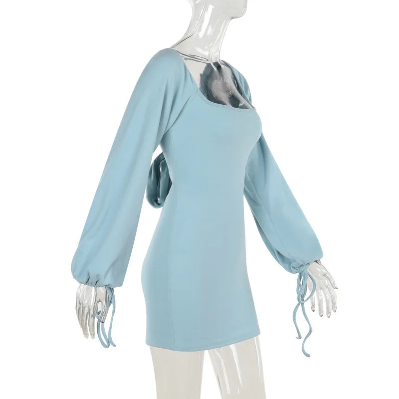 NIDANSSI Lantern Long Sleeve Backless Lace Up Autumn Dress Women Robes Elegant Evening Party Dress Bodycon Mini Dress Vestidos