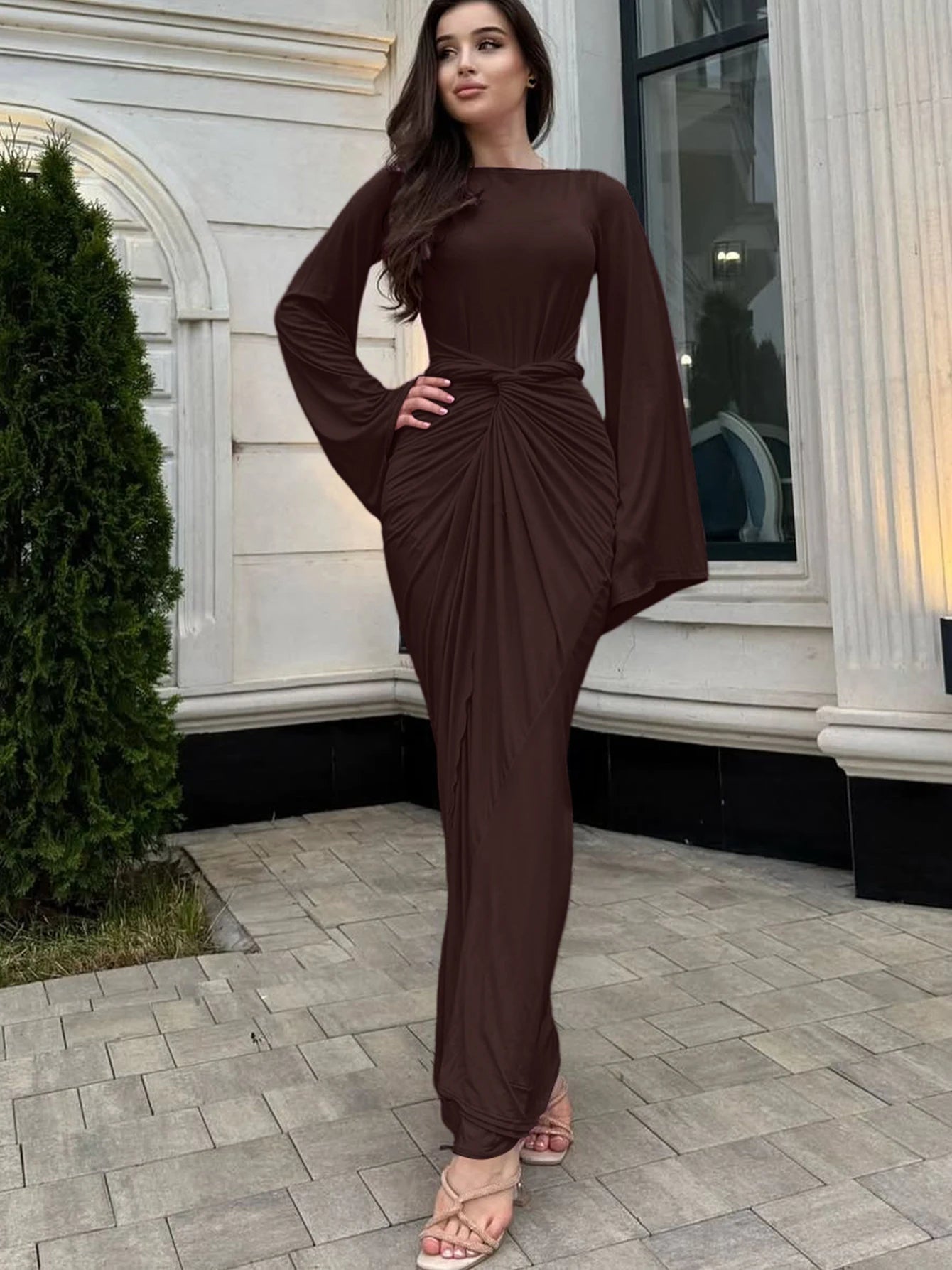 Dulzura Autumn Fashion Elegant O-Neck Long Flare Sleeve Ruched Slim Fit Ribbon Long Dress Women'S Solid Casual Party Club Outfit