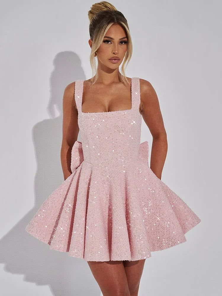 Mozision Sequins Bow Backless Sexy Mini Dress For Women Robe Fashion Square Collar Sleeveless High Waist A-line Club Dress Wofashion.xyz