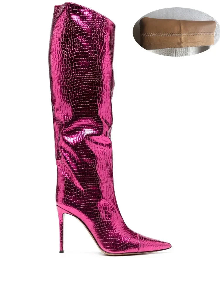 2022 Women's New Stone Print Boots Sexy Runway Stiletto Pointed Toe Women's High Boots 10cm High Heel Side Zip Women's Boots