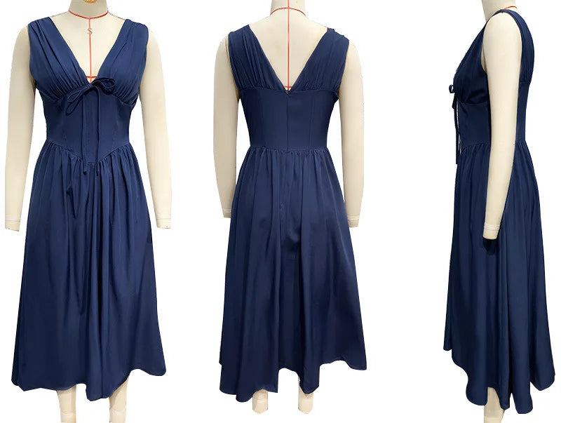 NIDANSSI White Pleated Lace Up Backless Holiday Casual Dress Women Elegant Sexy Dress Bodycon Midi Long Summer Dress Vestidos