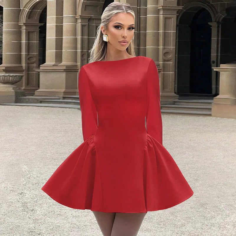 NIDANSSI Red Long Sleeve Evening Party Dress Women 2024 Pleated Robes Elegant Sexy Dress Bodycon Mini Winter Dress Vestidos