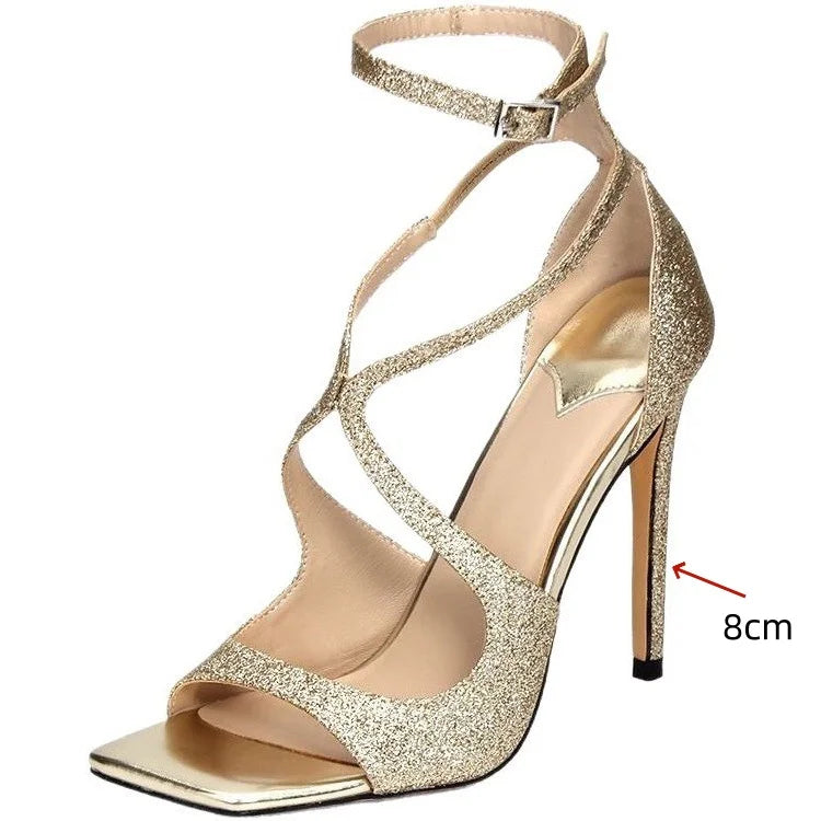 2025 Women's Spring/Summer New Style Glitter Material Fairy Style Cross Buckle with Stiletto High Heels and Open Toed Sandals