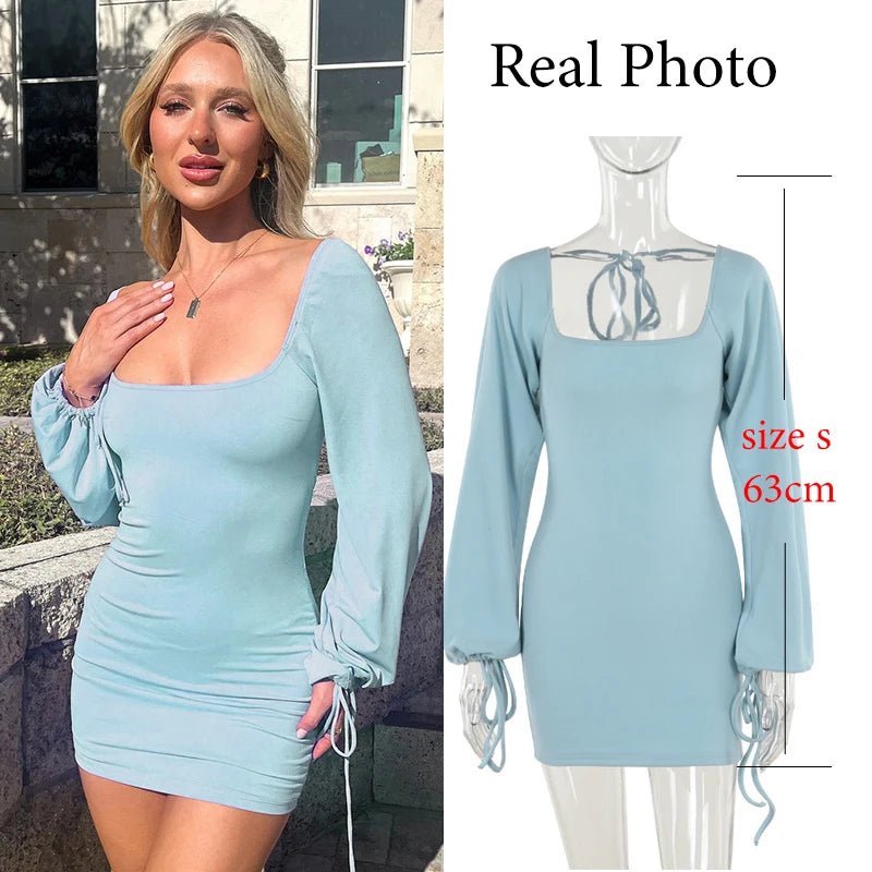 NIDANSSI Lantern Long Sleeve Backless Lace Up Autumn Dress Women Robes Elegant Evening Party Dress Bodycon Mini Dress Vestidos