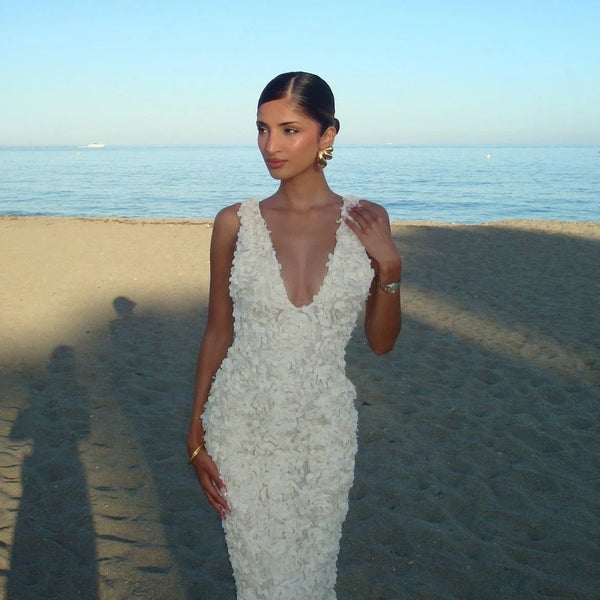 Mingmingxi Elegant Flower Applique Party Dresses 2024 New Arrivals V Neck Bodycon Mesh Dress Sexy Long Maxi Dress Women Wofashion.xyz