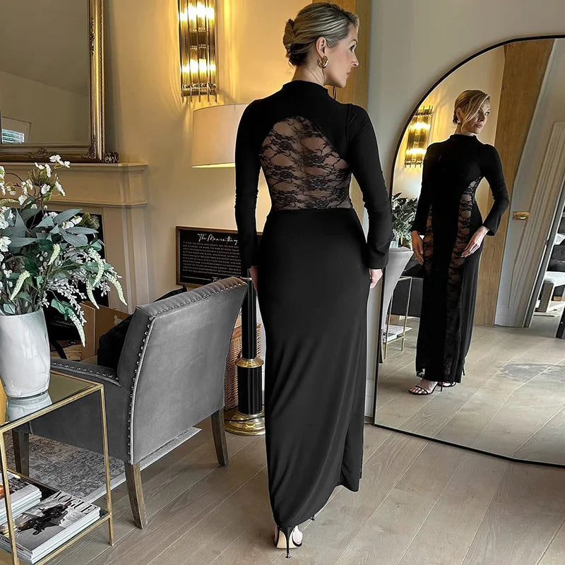 Mozision Lace See Through Long Sleeve Sexy Maxi Dress Women Black Patchwork Hollow Out High Waist Bodycon Club Party Long Dress