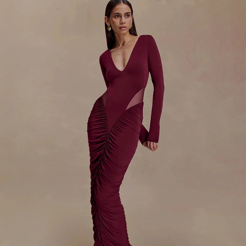 Blifanbo Elegan Deep V Neck Bodycon Maxi Dress Women High Waist Pleated Long Sleeve Solid Patchwork Club Party Long Dress Autumn