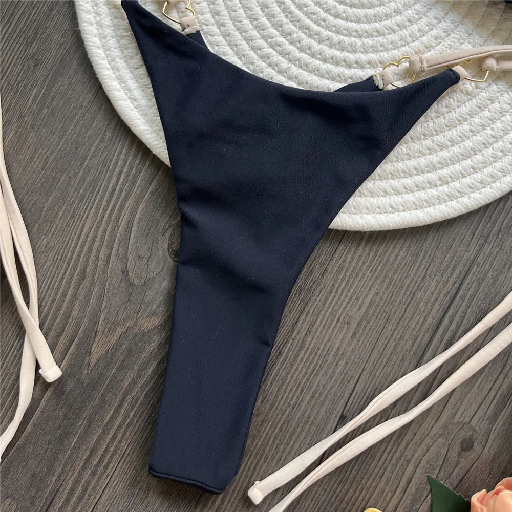 Black String Halter Swimwear Triangle Micro Bikini Thong Heart Ring Sexy Swimsuits Women 2025 Bathing Suit Biquinis Bikinis Sets