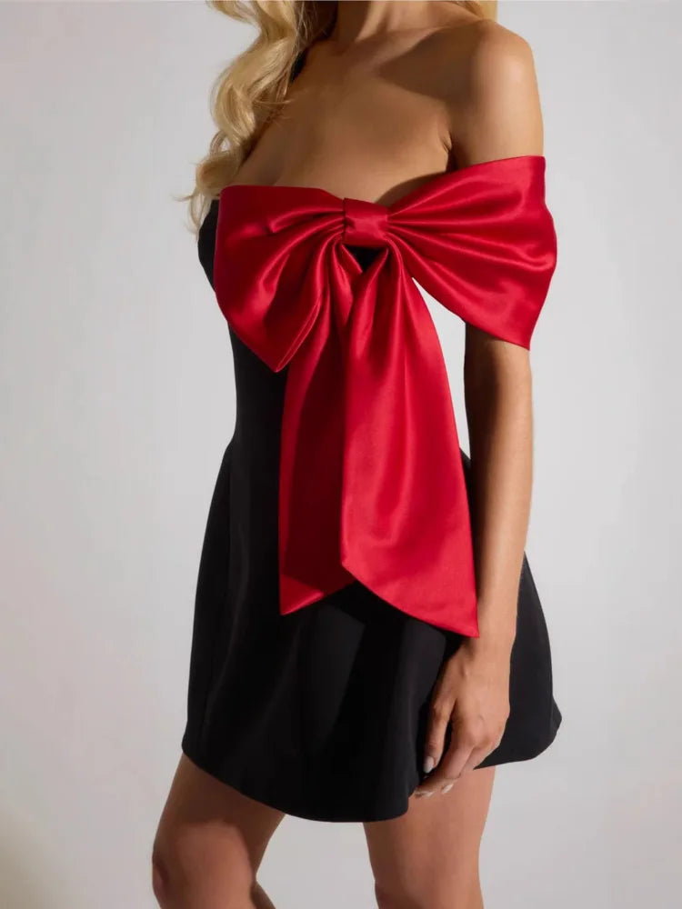 Mozision Off-shoulder Bow Sleeve Sexy Mini Dress For Women Robe Fashion Strapless Backless Evening Club Party Dress Elegant