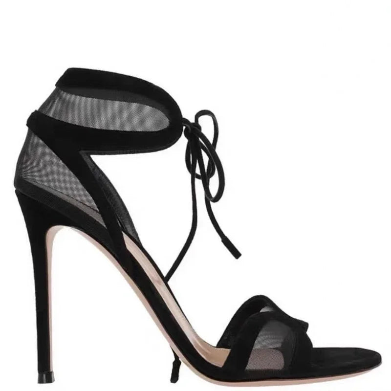 European and American Women's Summer Sexy High-heeled Fashion Week Runway Show Hollow Mesh Cross Strap Banquet Sandals