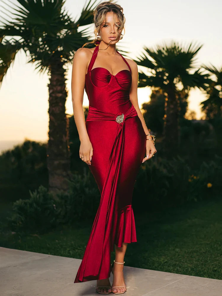 Mozision Satin Backless Draped Sexy Maxi Dress Women Fashion Sequins Halter Sleeveless Ruched Bodycon Club Party Long Dresses