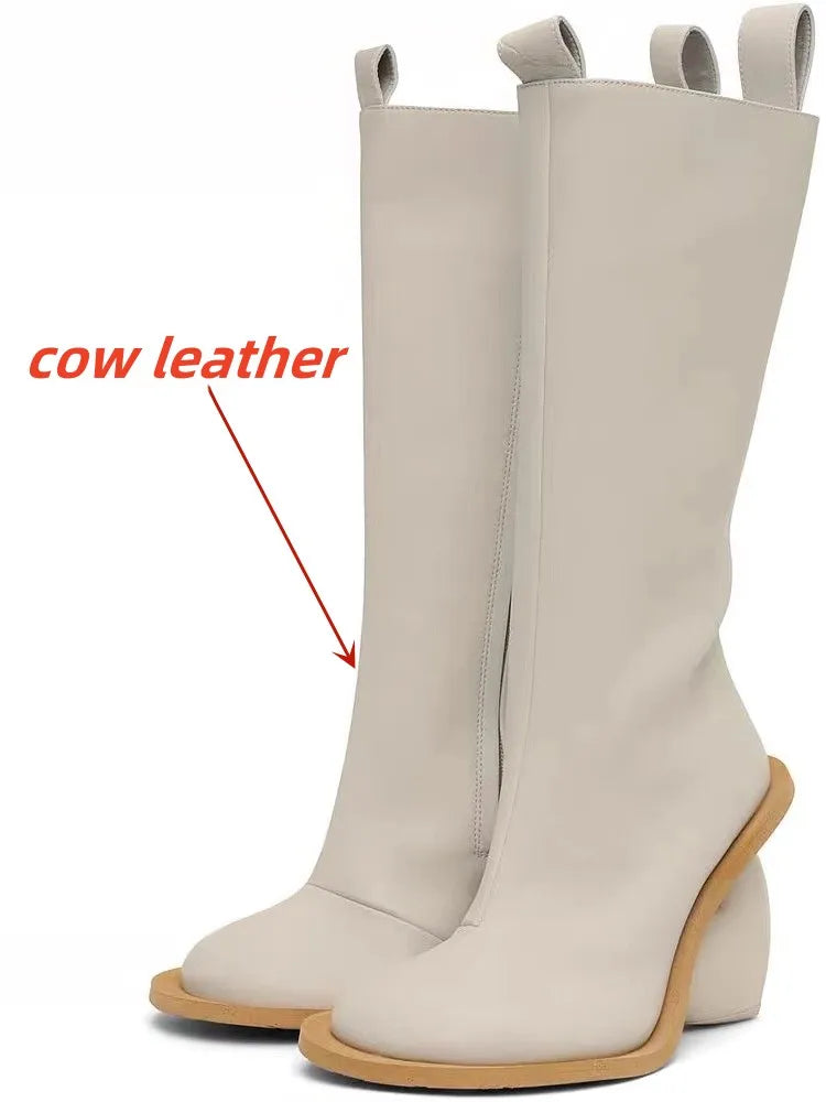 2024 New Women's Genuine Leather Mid Top Boots Fashion Round Toe High Heel Ankle Shoes with Zipper Stylish Comfortable Footwear