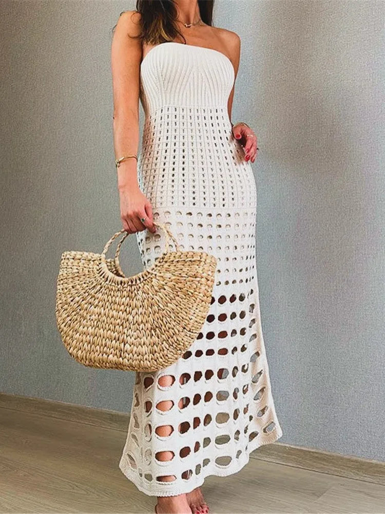 Mozision Strapless Off-shoulder Hollow Out Knit Maxi Dress For Women Gown Fashion Sleeveless Backless Beach Skinny Long Dress