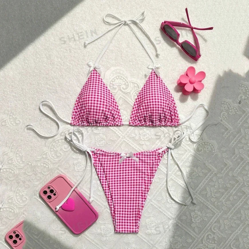 Red Plaid String Halter thong Micro Bikini for Women Mini Swimwear Lace-up Sexy Swimsuit Bathing Suit Triangle Bikinis Sets 2025